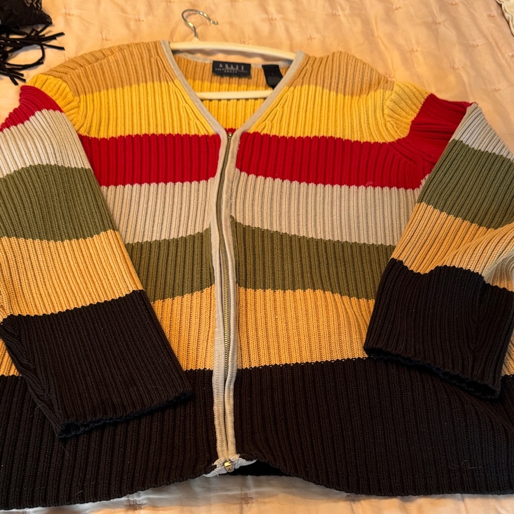Striped Zip-Front Ribbed Cardigan Sweater in Red, Yellow, Olive & Black